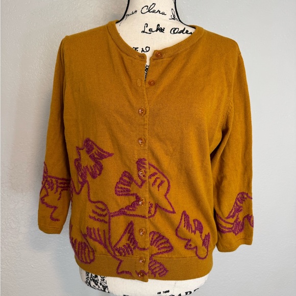Field Flower Sweaters - Elegant Mustard Cardigan Bird Motif Boho Cottagecore